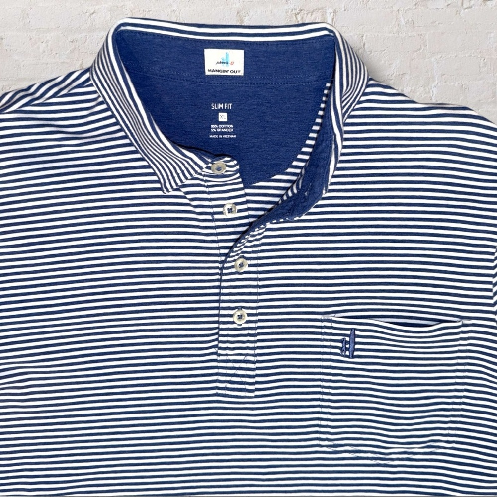 Johnnie-O Hangin’ Out Polo Shirt XL Slim Fit Blue White Striped Pocket Stretch